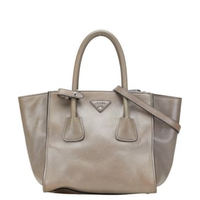 Prada Triangle Logo Plate Handbag/Shoulder Bag, 2-Way, Gray Leather, Women's, PRADA