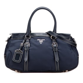 Prada 2-Way Handbag Shoulder Bag Navy Nylon Leather Women's PRADA