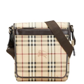 Burberry Haymarket Check Shadow Horse Crossbody Shoulder Bag in Beige and Brown Leather for Women
