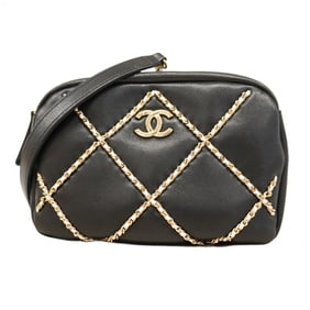 Chanel Matelasse Shoulder Bag with Chain Bag, Lambskin, Black, Champagne, Women's