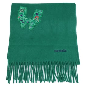 HERMES cashmere fringe scarf with patch, green, for women
