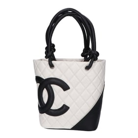 CHANEL A25166 Cambon Line Lambskin Small Tote Bag, Black and White, Women's