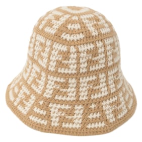 FENDI FXQ922 ALSQ FF Cashmere Crochet Bucket Hat, Size 57, Beige, Women's