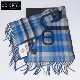 HERMES Tartan Maillon Cashmere Fringe Scarf for Men in Blue and Gray