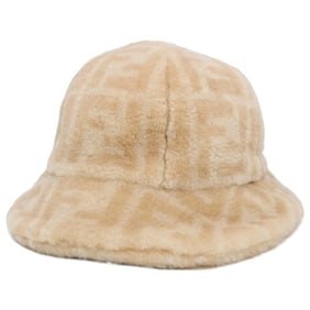 FENDI FXQ632 AIX8 FF Logo Shearling Fur Bucket Hat, Size M, Beige, Women's