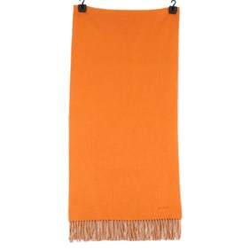 HERMES Logo Embroidered Cashmere Fringe Scarf Orange Beige Women's