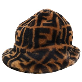 FENDI FXQ632 A401 Zucca Pattern Lamb Fur Hat, Size M, Brown and Black, Men's