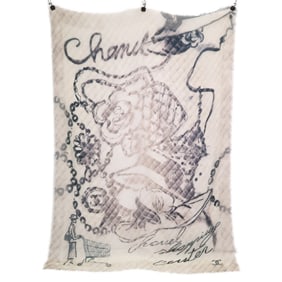CHANEL Camellia Coco Mark Quilted Print Cashmere Stole, Beige, Women's