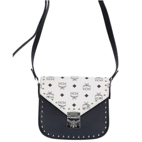 MCM MADE TO ORDER 2017 Visetos Studded Flap Shoulder Bag in Black and White for Women