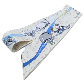 HERMES Space Derby 100% Silk Twilly Scarf White Women's