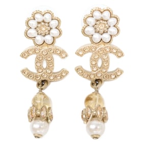 CHANEL B22K Flower Coco Mark Rhinestone Pearl Earrings in Yellow Gold for Women