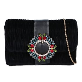 Miu Miu MIU 5BH095 Velour Matelasse Multi-Jeweled Flap 2-Way Clutch Bag with Chain and Shoulder Bag,