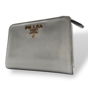 Prada PRADA Bi-fold Wallet, Saffiano Metal, Silver and Gold Hardware, Leather Compact Mini W4