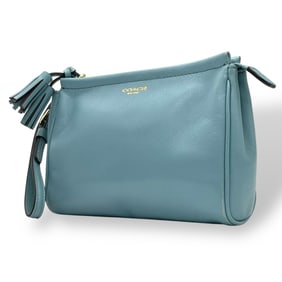 Coach Sky Blue Leather Pouch Bag with Tassel and Logo, S52