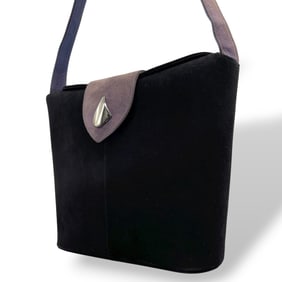 Bally Women's Suede and Leather Combination Shoulder Bag with Flap, Black Gray Hardware, C12