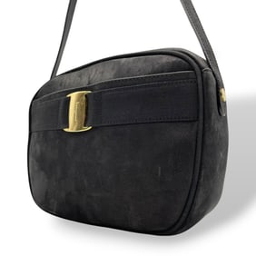 Salvatore Ferragamo Vara Ribbon Shoulder Bag in Black Suede with Gold Hardware, C6
