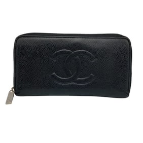 CHANEL Caviar Leather Round Long Wallet Black D4