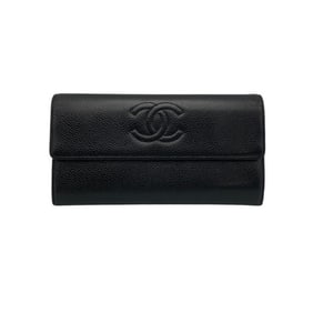 CHANEL Caviar Skin Coco Mark Long Wallet Black D4