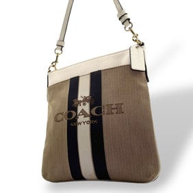 Coach Horse and Carriage Logo Canvas Shoulder Bag in Beige Navy Leather (S50)