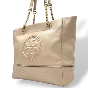 Tory Burch Leather Tote Bag with Chain Shoulder Strap, Beige, Logo Embossed, E10