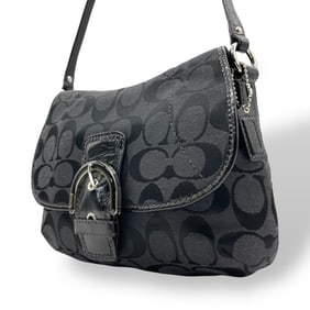 Coach Soho Signature Shoulder Bag in Black Leather and Canvas with Buckle Design, S18