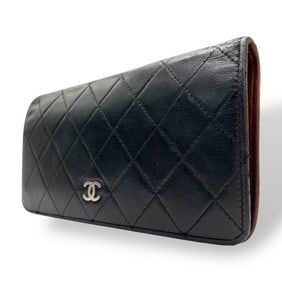 CHANEL Bifold Long Wallet Matelasse Black Brown Leather Caviar Skin Coco Mark Silver Hardware