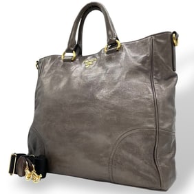 Prada K3 Tote Bag Shoulder Gray Leather Gold Hardware 2-Way