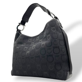 Salvatore Ferragamo Gancini Shoulder Bag, Tote Black Canvas, Silver Hardware, Logo, One-Shoulder C3