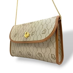 Christian Dior CD logo chain shoulder bag in beige and brown honeycomb canvas leather with gold 11k