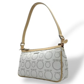 Salvatore Ferragamo Gancini AU-21 7497 Handbag/Accessory Pouch in Gray/Beige Leather, One-Shoulder