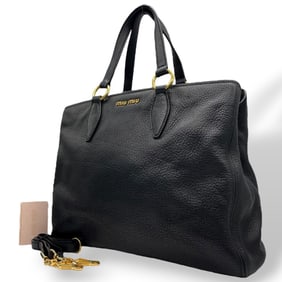 Miu Miu Miu Leather Tote Bag, 2-Way Shoulder Black, Gold Hardware, D