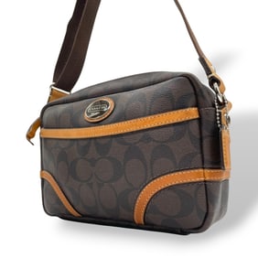 Coach Signature Leather Shoulder Bag/Crossbody Bag in Brown, Camel, and Silver (Size 3)