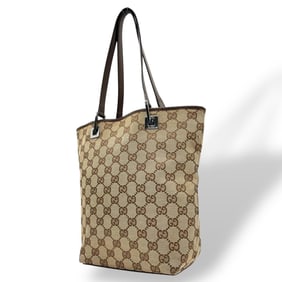 Gucci Tote Bag with Long Handles, GG Canvas, Beige and Brown Leather, Silver Hardware, Handbag, K11
