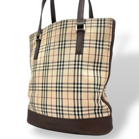 Burberry Nova Check Canvas Leather Tote Bag, Beige/Brown, Silver Hardware, Bucket Style, Women's, A8