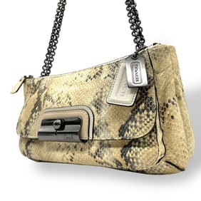 COACH Women's S30 One-Shoulder Beige Embossed Leather Handbag with Chain Strap and Logo Charm