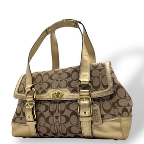 Coach Signature Canvas and Leather Handbag with Gold Hardware, Tote Bag S51