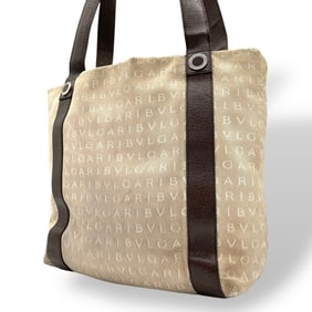 BVLGARI Logomania Tote Bag, Handbag, Beige/Brown Canvas and Leather, S80