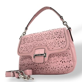 Coach Flower Cutwork Leather One-Shoulder Bag, Pink, 2-Way, Silver Hardware, S50