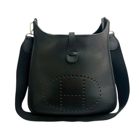 ?J engraved HERMES Evelyn II PM Taurillon Clemence leather shoulder bag/pouch in black 53993