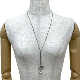 CHANEL Coco Mark Metal Rhinestone and Faux Pearl Necklace in Silver 62476