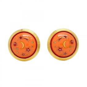 Hermes enamel circle earrings, GP plated, cloisonné, gold, orange, multicolor, for women