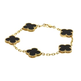 Van Cleef & Arpels Vintage Alhambra Onyx 5-Motif Bracelet in 18K Yellow Gold for Women.