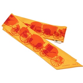 HERMES Horse-Drawn Silk Twilly Scarf, BOUTON OR ORANGE ROUGE VIF, Women's