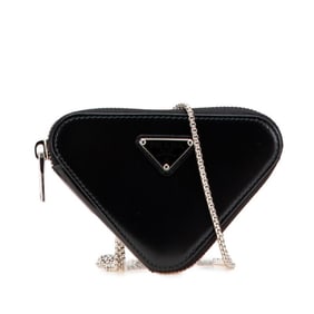Prada Triangle Triangular Logo Plate Chain Shoulder Bag Pouch 1NR005 Black Leather Women's PRADA
