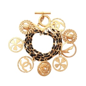 Chanel Coco Mark Camellia Bracelet, Gold-Plated Leather with Faux Pearls, Women's, Gold and Black