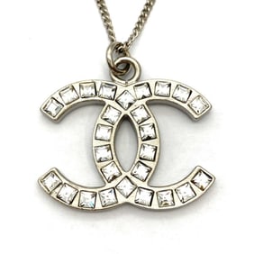 CHANEL Coco Mark Necklace Metal Rhinestone Silver B11 A