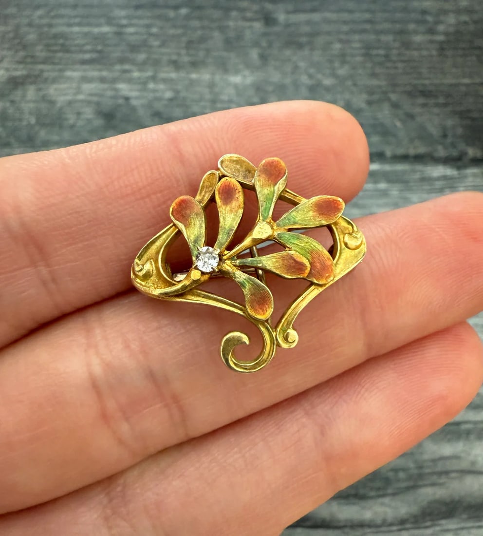 Art Nouveau Diamond and 10K Gold Enamel Foliate Pin (1 of 1)