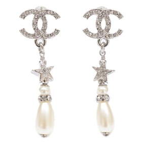 CHANEL C25 Coco Mark Star Rhinestone Drop Pearl Earrings, Silver Hardware, Women's