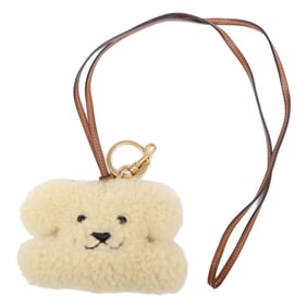 CELINE Triomphe Dog Motif Leather Strap Shearling Pompom Bag Charm Beige Women's