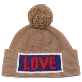 FENDI FXQ056 A40E LOVE LOGO BEANIE, Men's Brown Knit Cap with Pom-Pom